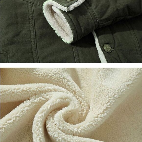 Men’s Vintage Army Green Sherpa Fleece Lined Denim Jacket - Picture 4 of 9